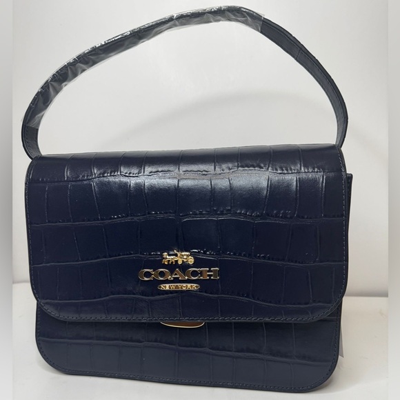 COACH Brynn Crossbody Crocodile Embossed Flap Leather Bag Blue - Picture 7 of 15